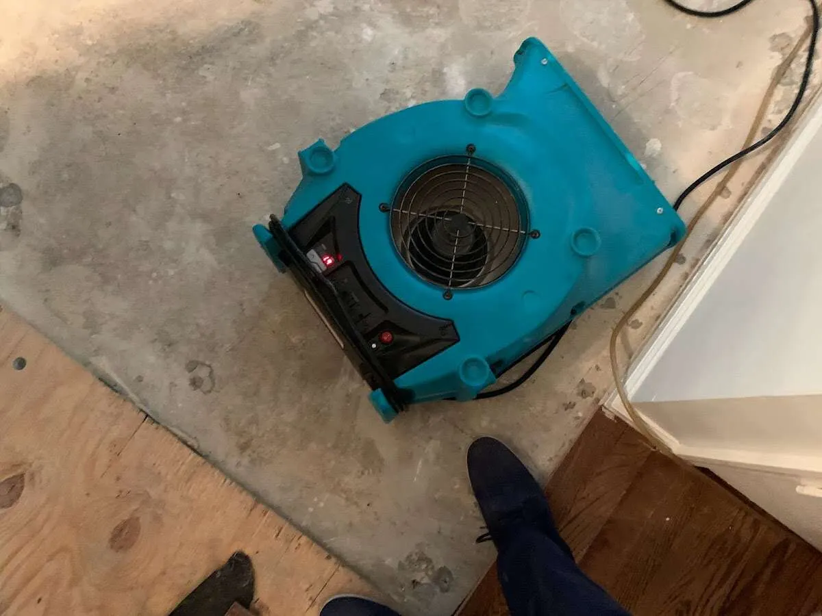 Air mover drying subfloor during Leak Detection & Repair in Independent Hill